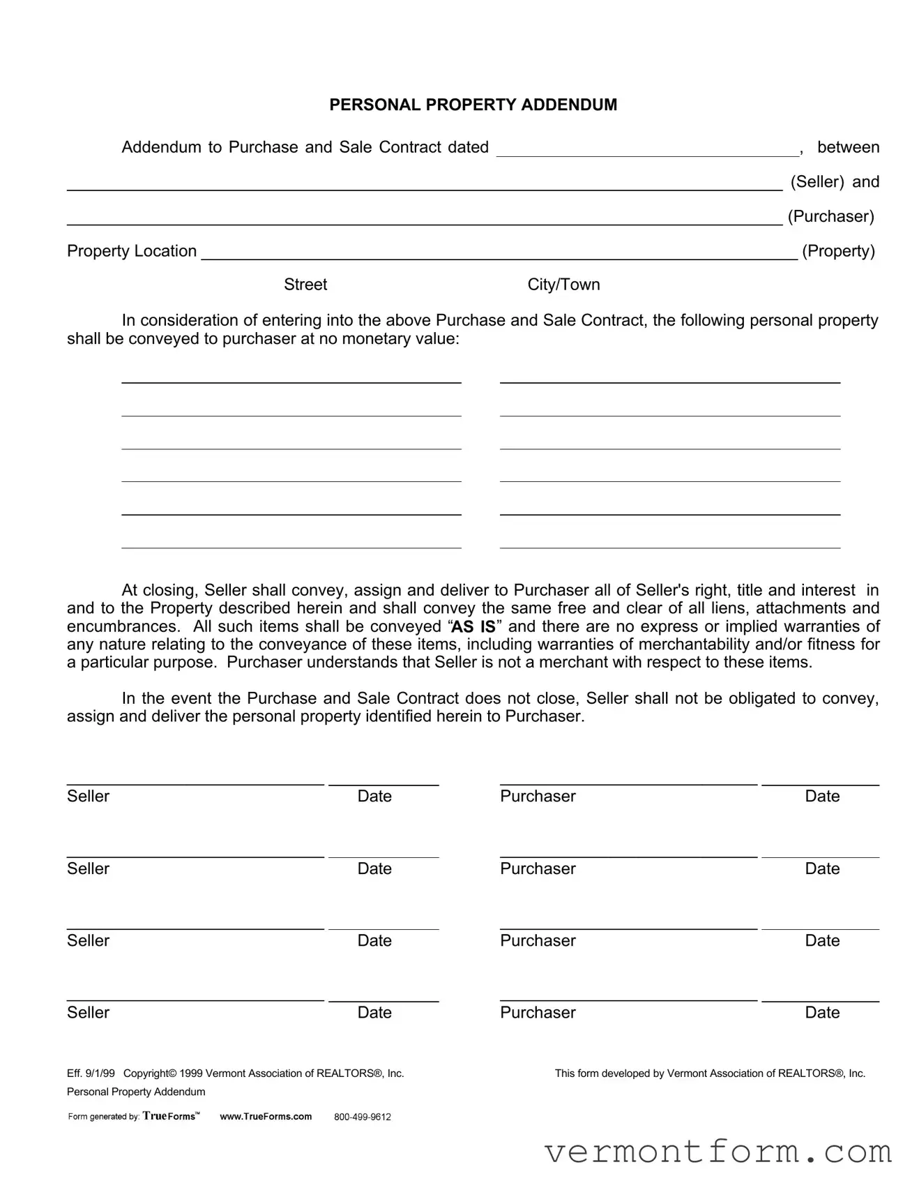 Fill Out a Valid Purchase Addendum Vermont Form