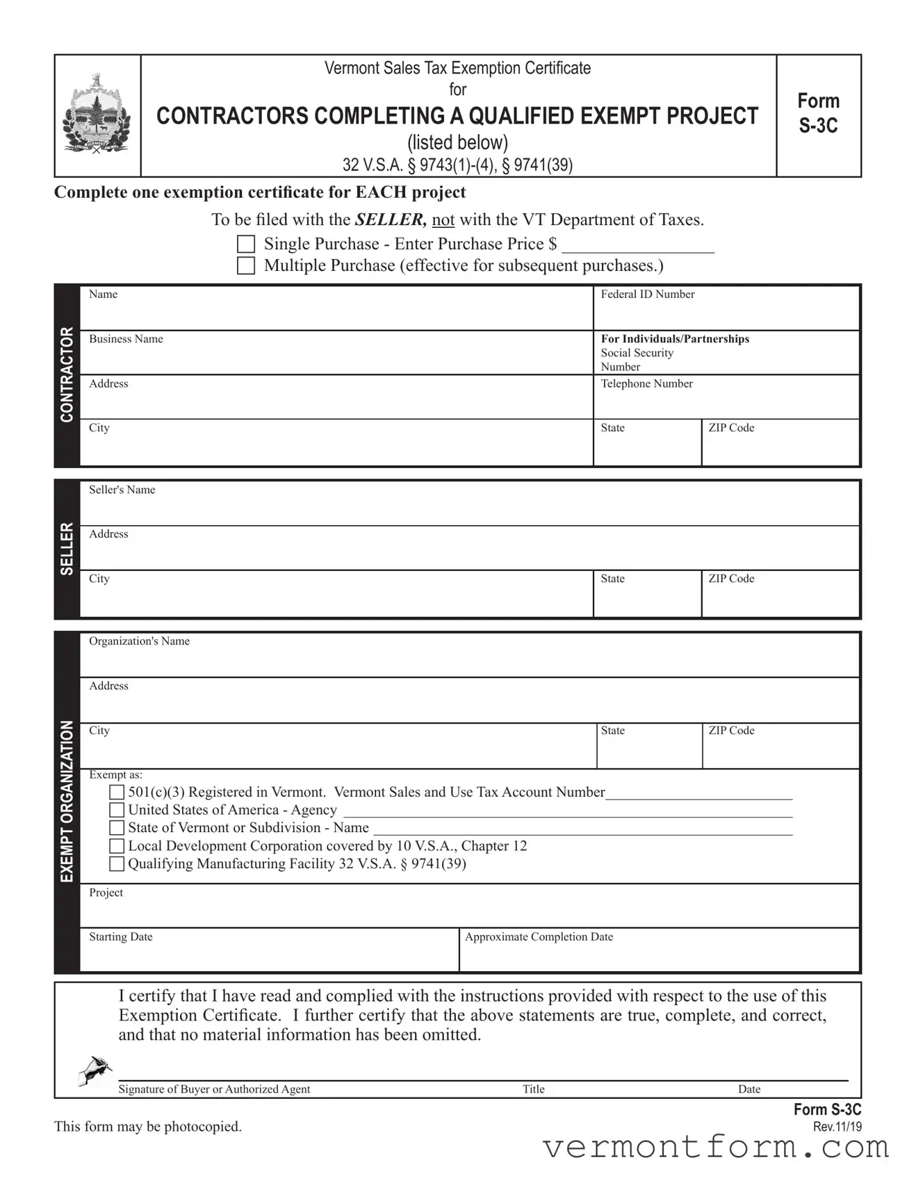 Fill Out a Valid S 3C Vermont Form