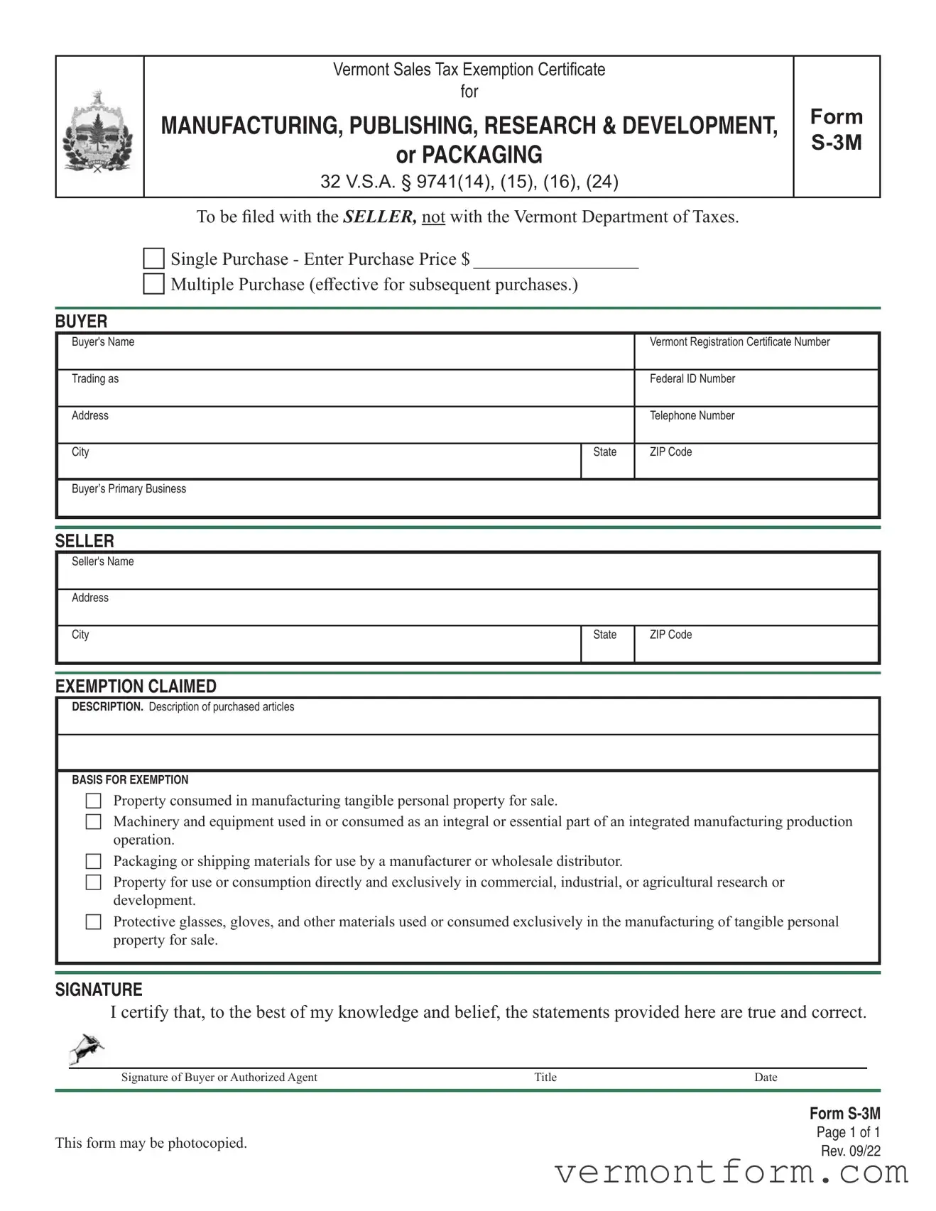 Fill Out a Valid S 3M Vermont Form
