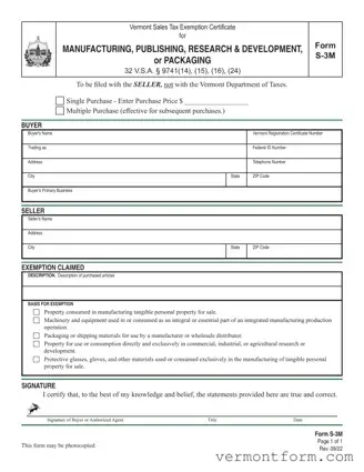 Fill Out a Valid S 3M Vermont Form
