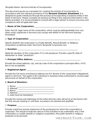 Attorney-Verified Vermont Articles of Incorporation Template