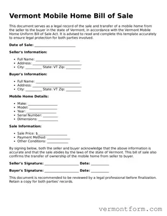 Attorney-Verified Vermont Mobile Home Bill of Sale Template