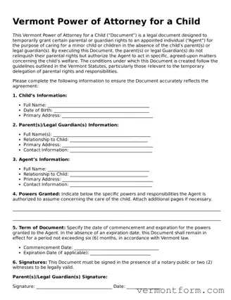 Attorney-Verified Vermont Power of Attorney for a Child Template