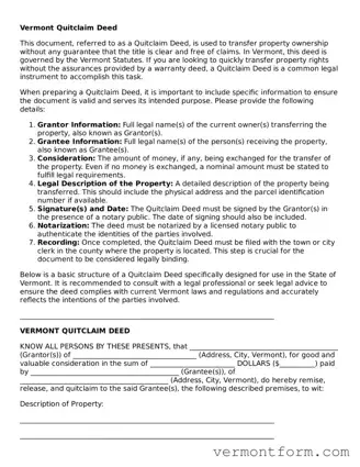 Attorney-Verified Vermont Quitclaim Deed Template