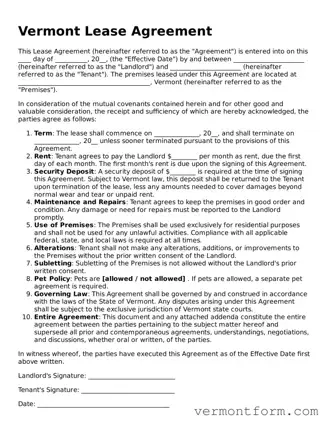 Attorney-Verified Vermont Lease Agreement Template