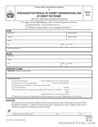 Fill Out a Valid Vermont S 3 Form