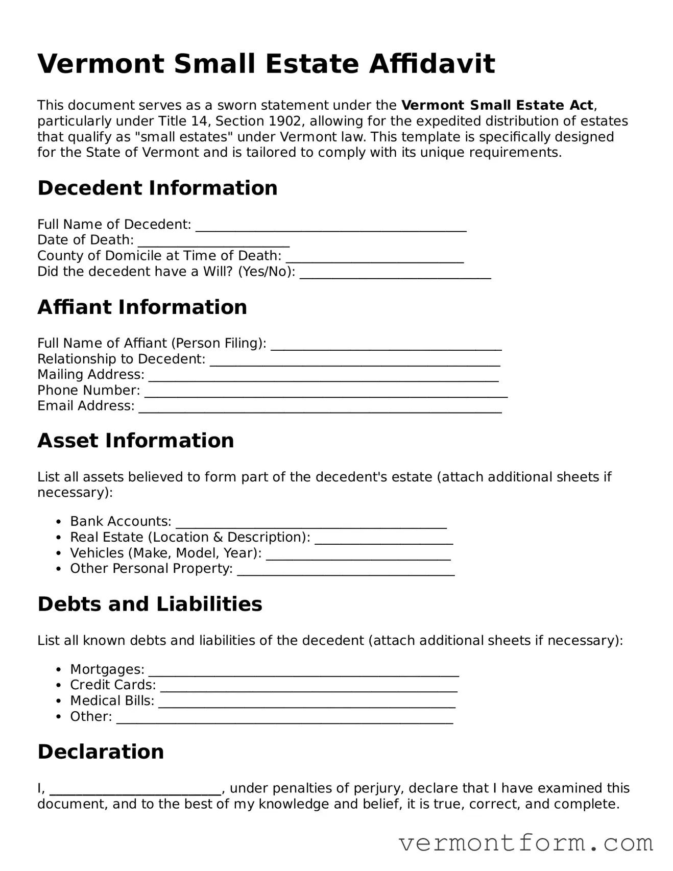 Attorney-Verified Vermont Small Estate Affidavit Template