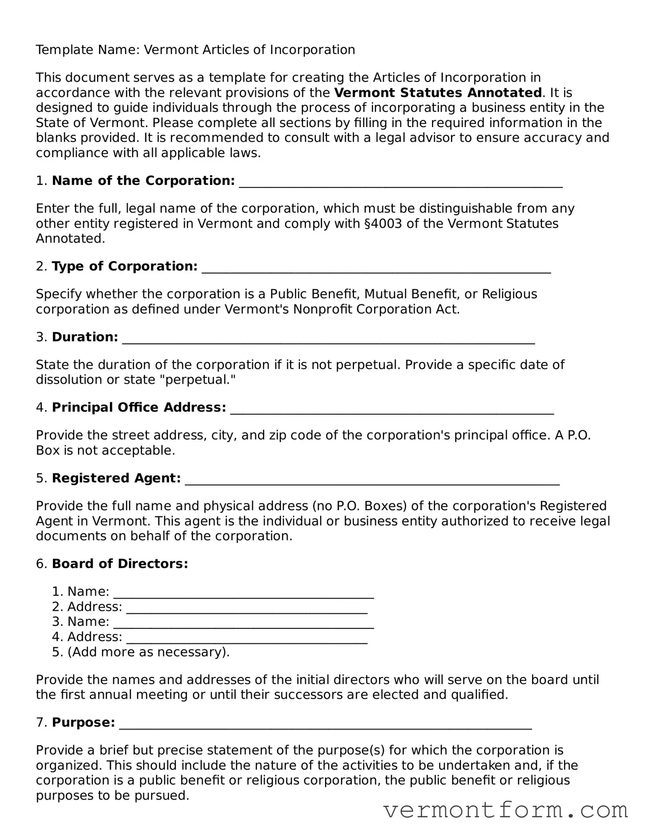 Attorney-Verified Vermont Articles of Incorporation Template