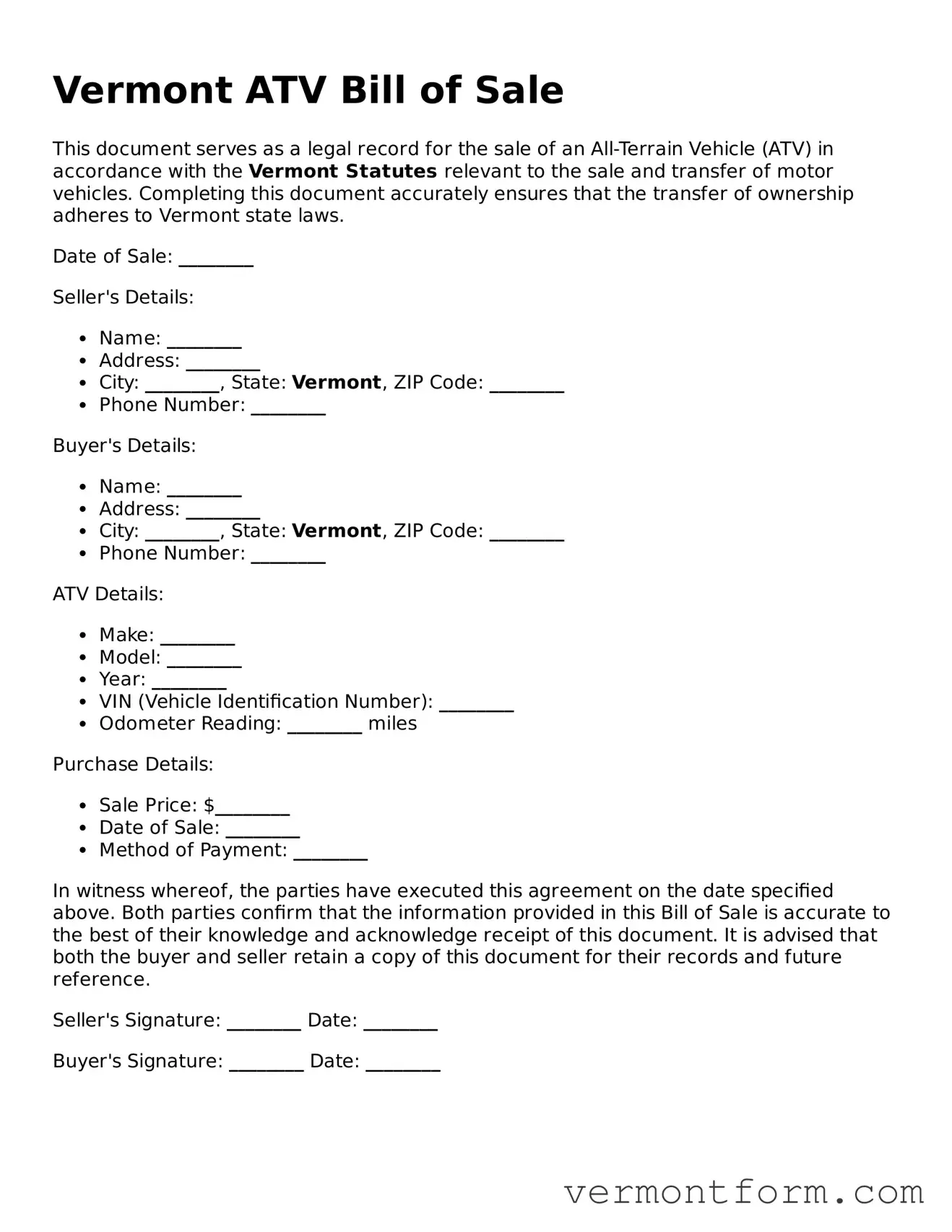 Attorney-Verified Vermont ATV Bill of Sale Template