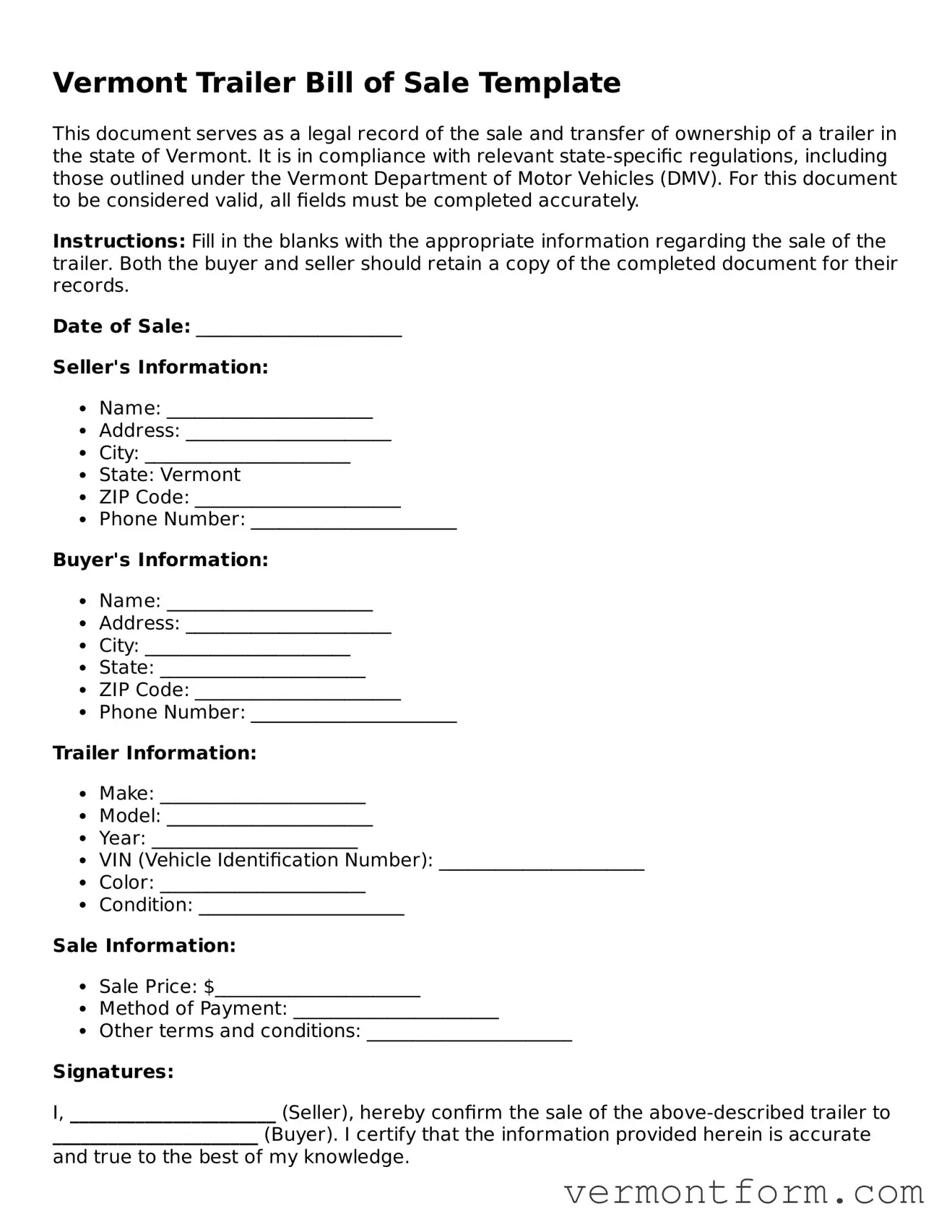 Attorney-Verified Vermont Trailer Bill of Sale Template