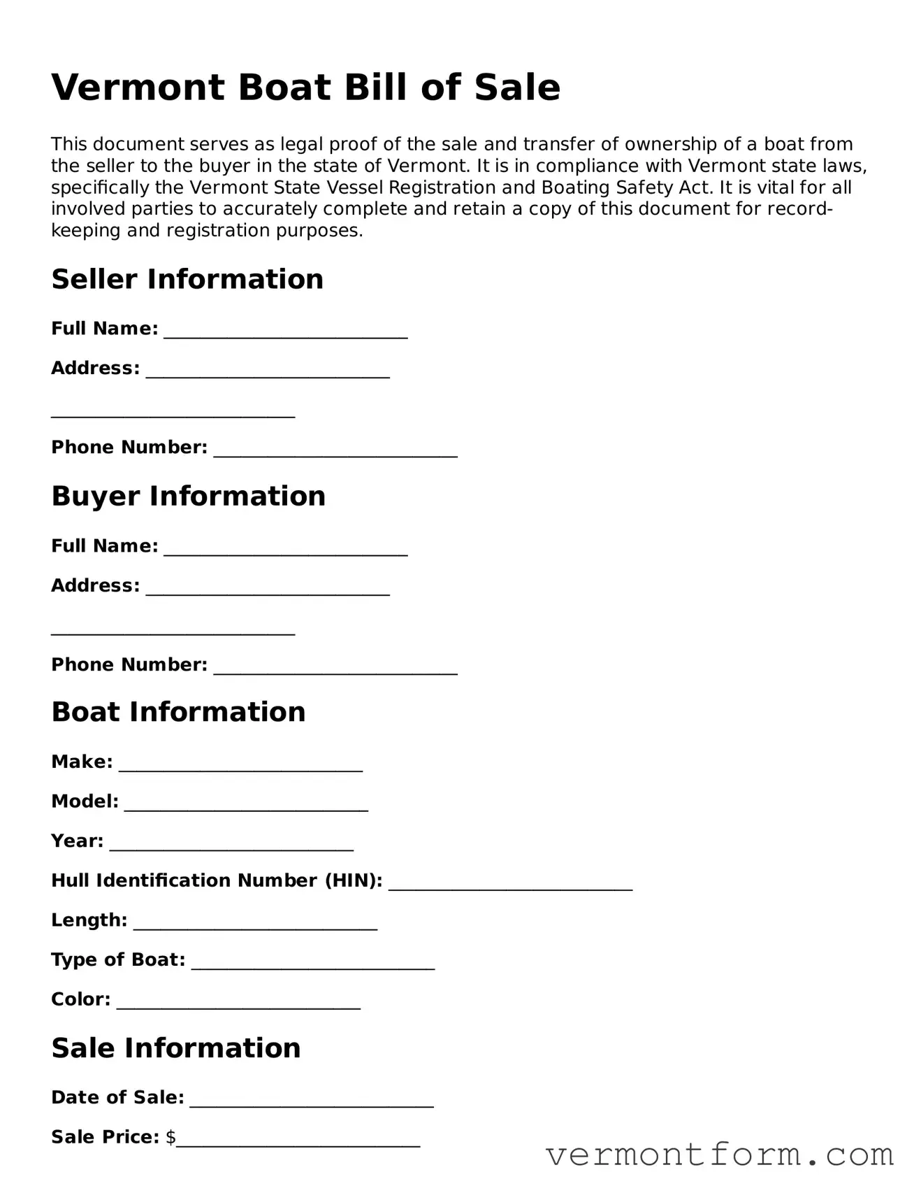 Attorney-Verified Vermont Boat Bill of Sale Template