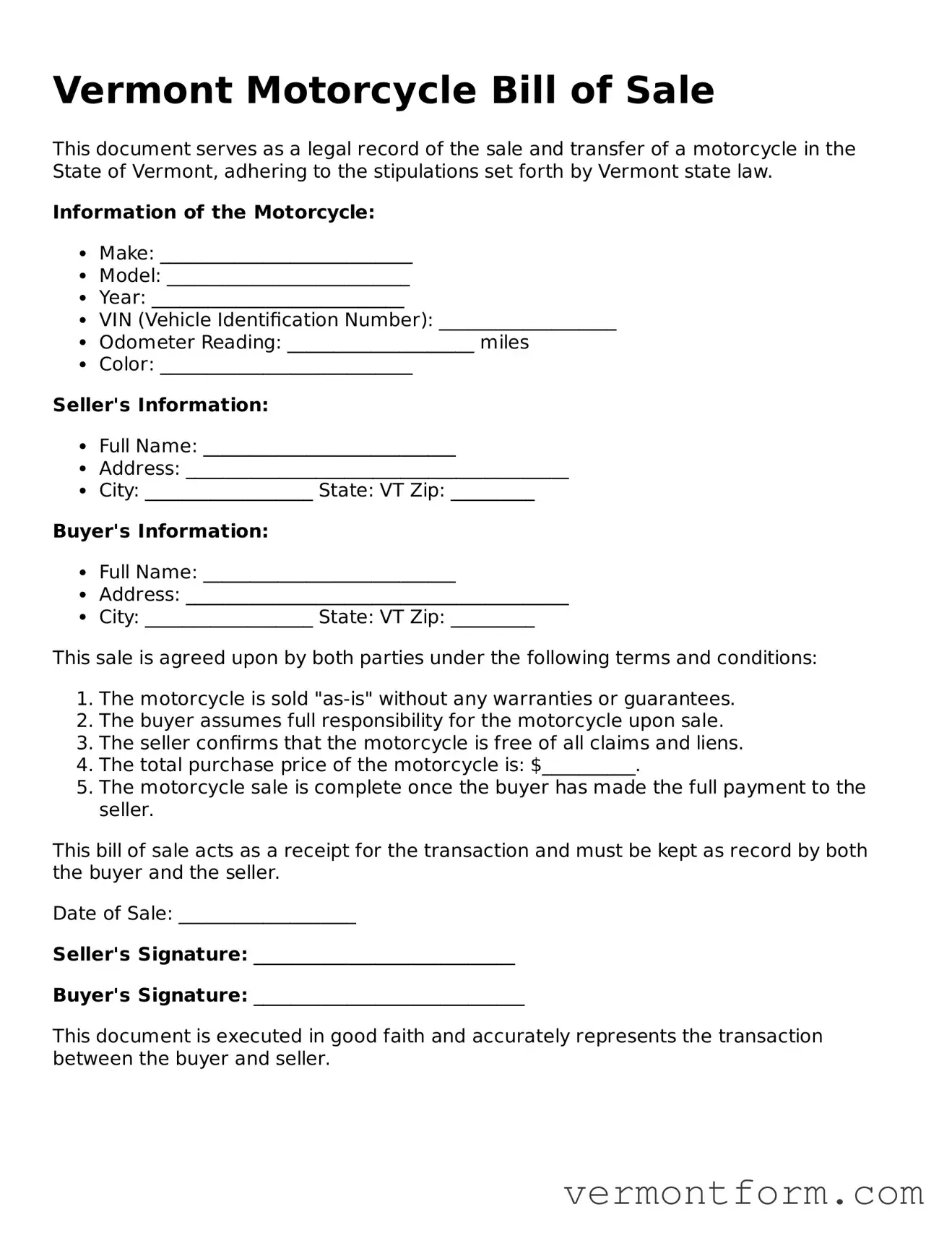 Attorney-Verified Vermont Motorcycle Bill of Sale Template