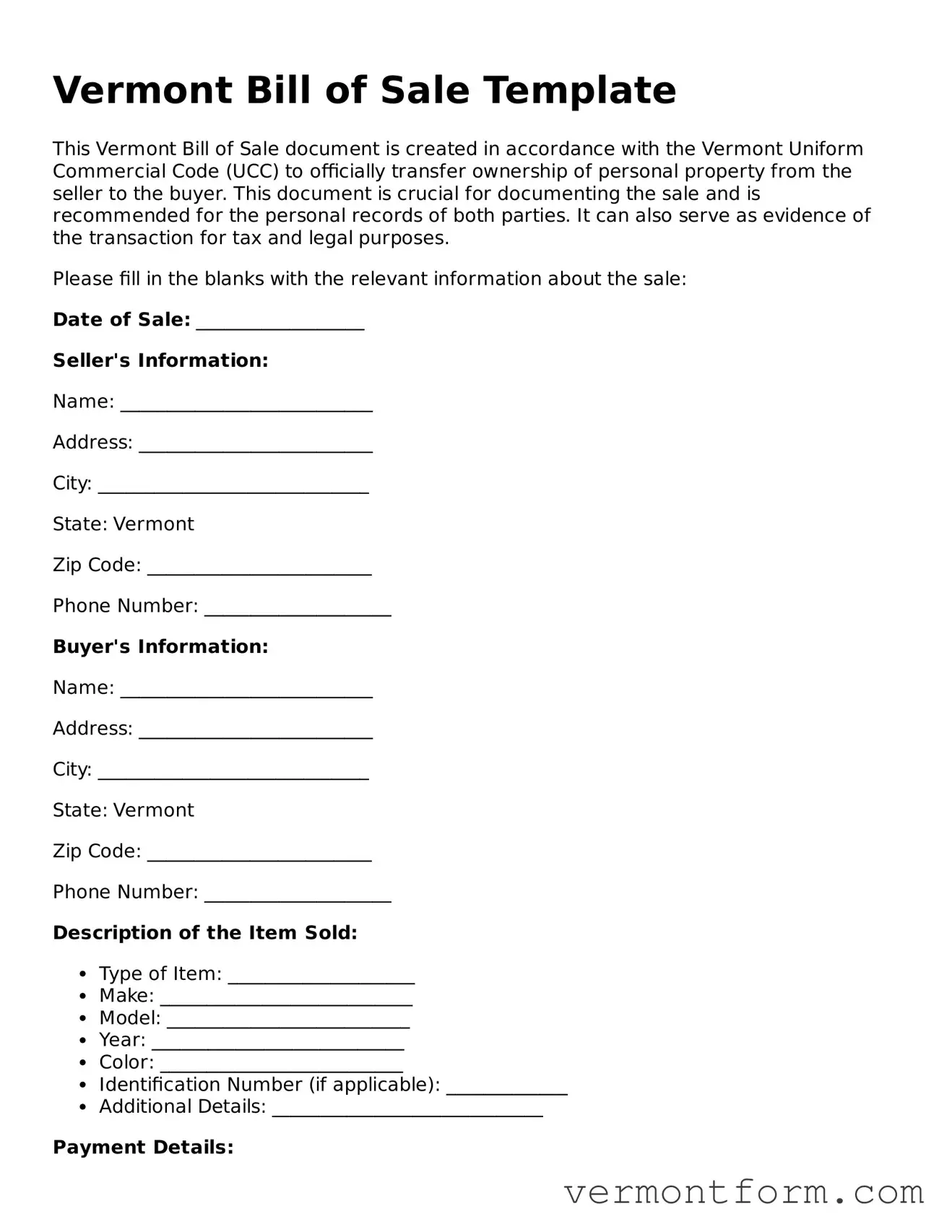 Attorney-Verified Vermont Bill of Sale Template