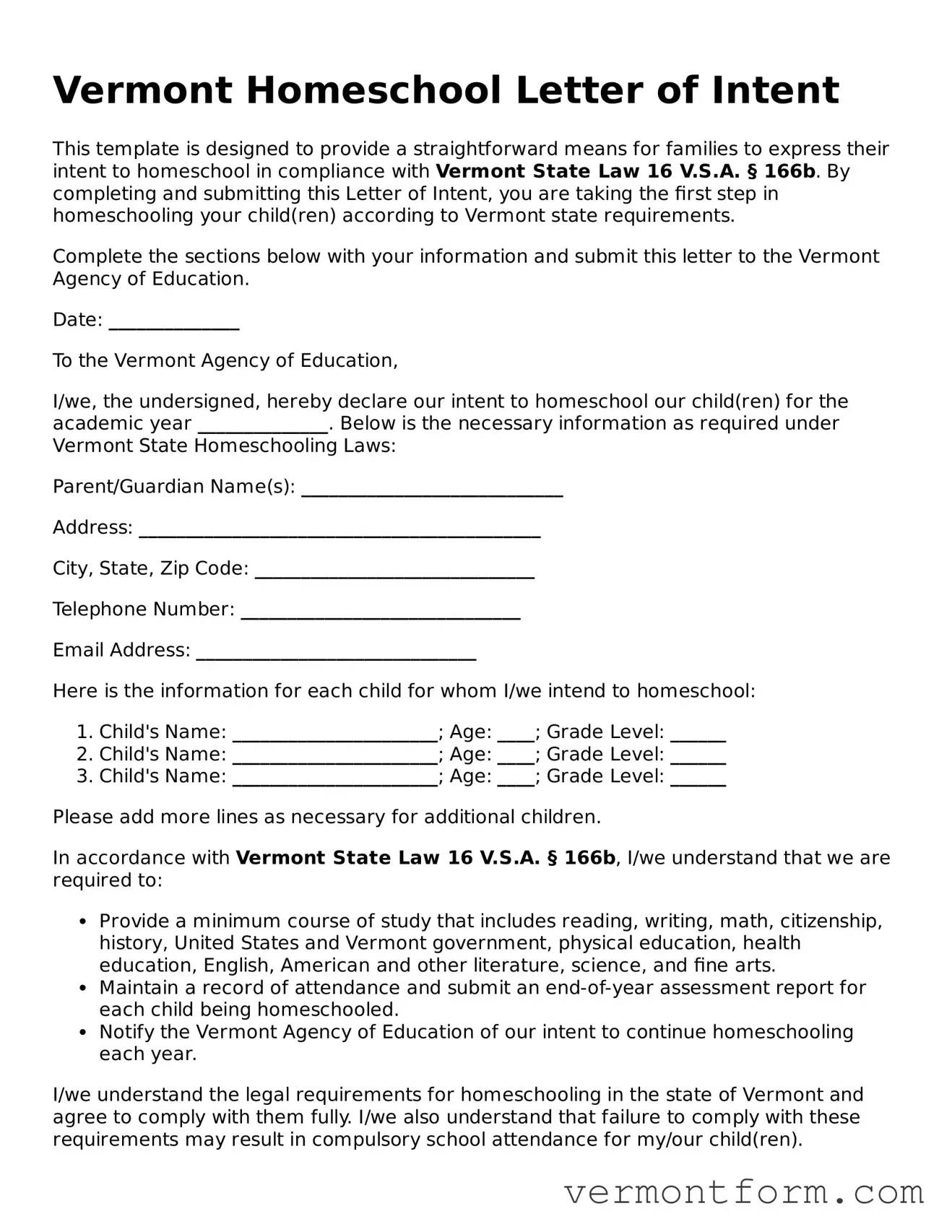 Attorney-Verified Vermont Homeschool Letter of Intent Template