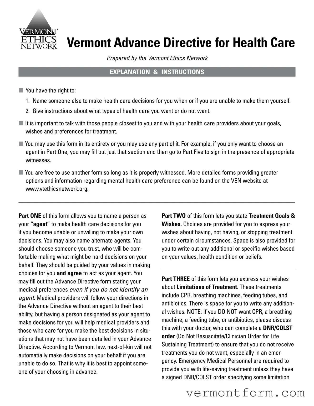 Fill Out a Valid Vermont Directive Health Care Form