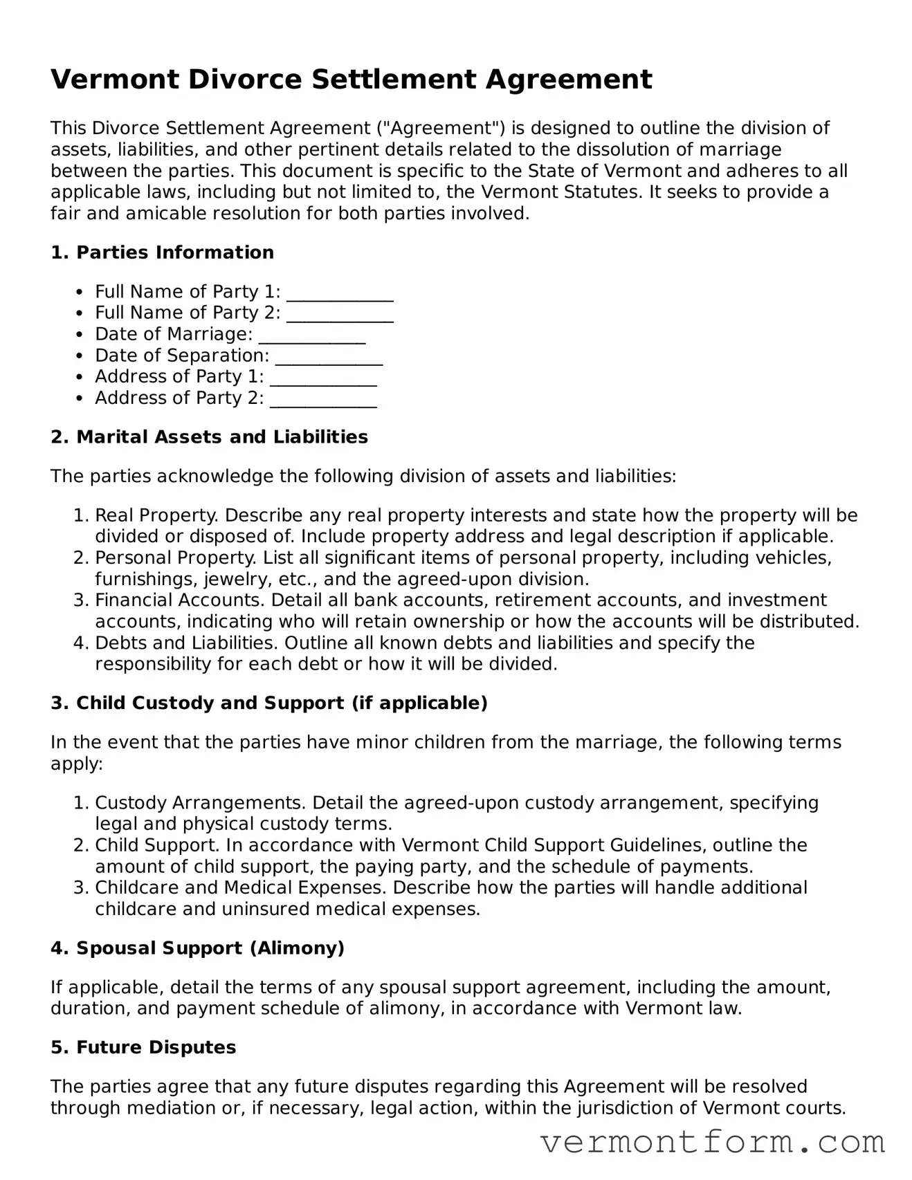 Attorney-Verified Vermont Divorce Settlement Agreement Template