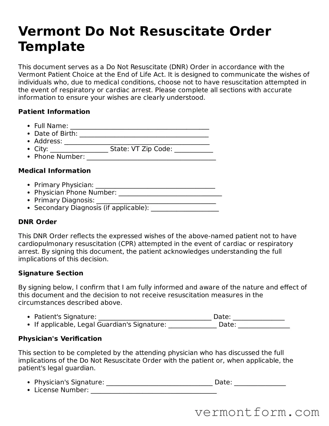 Attorney-Verified Vermont Do Not Resuscitate Order Template