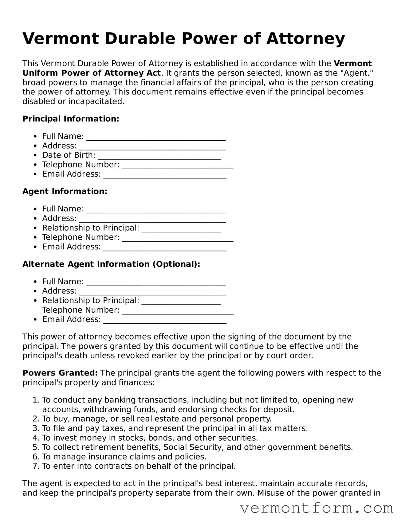 Attorney-Verified Vermont Durable Power of Attorney Template