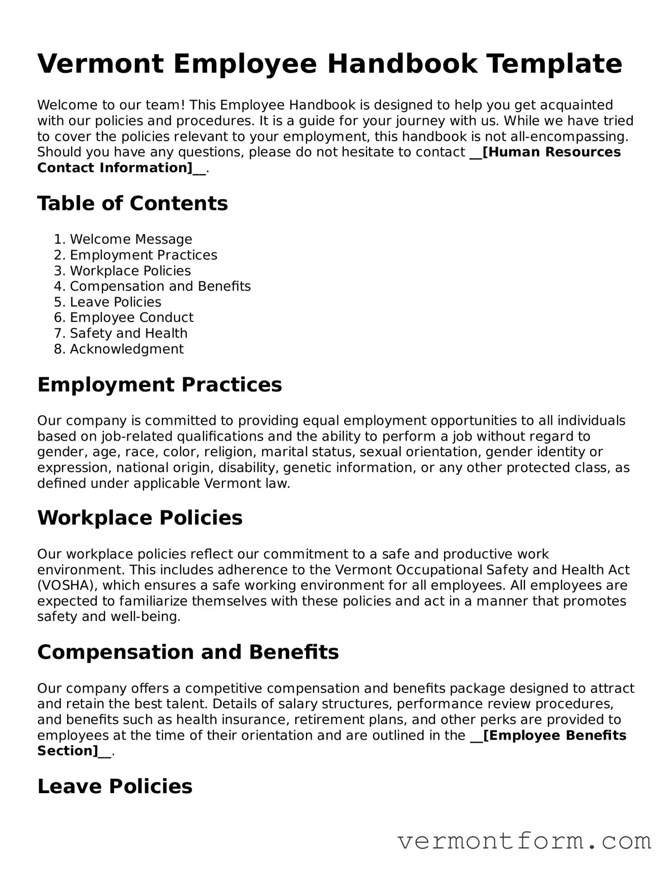 Attorney-Verified Vermont Employee Handbook Template