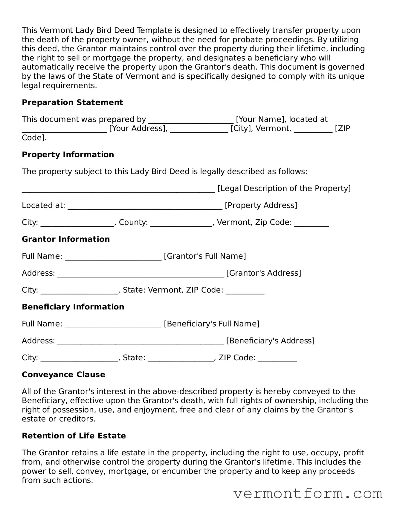 Attorney-Verified Vermont Lady Bird Deed Template