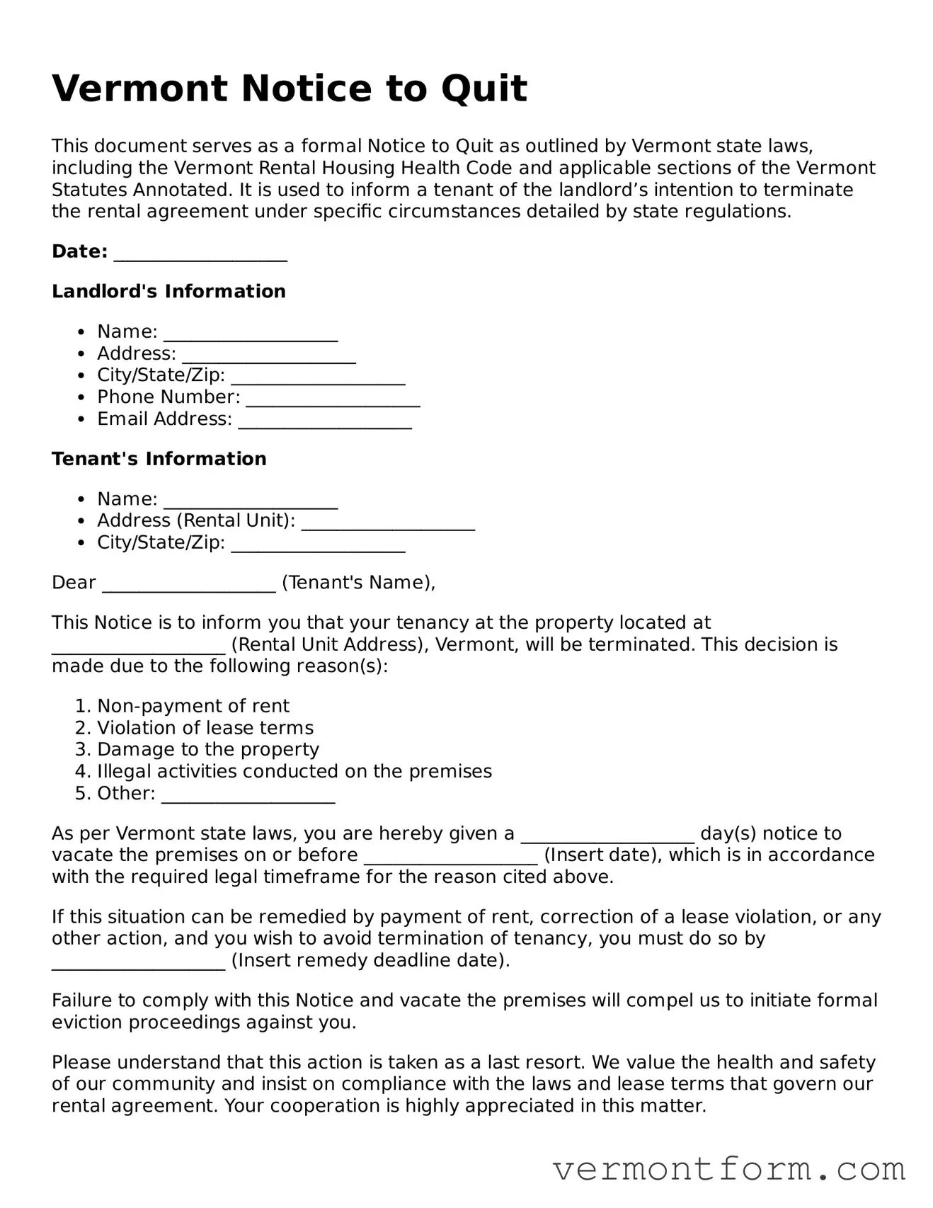 Attorney-Verified Vermont Notice to Quit Template