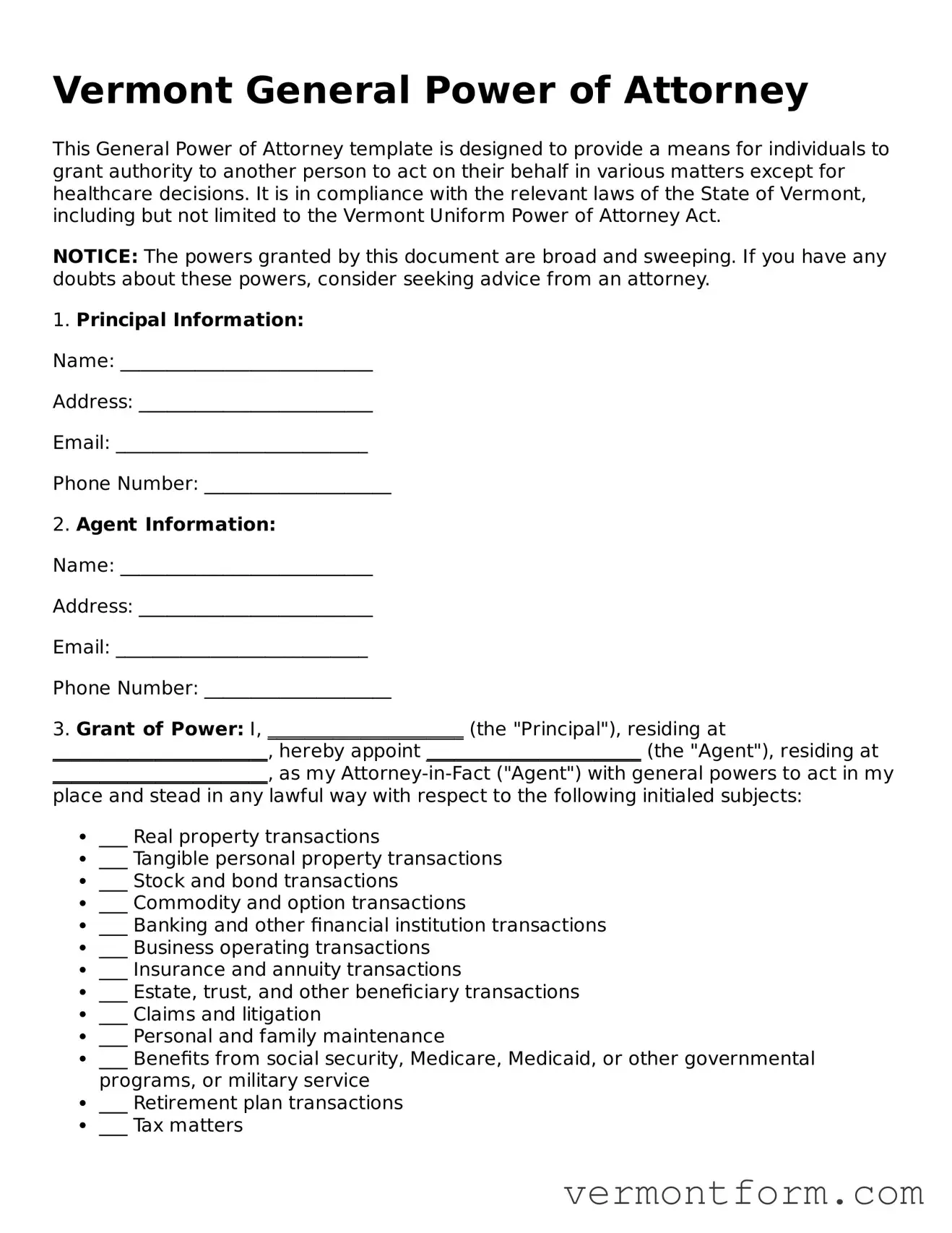 Attorney-Verified Vermont General Power of Attorney Template