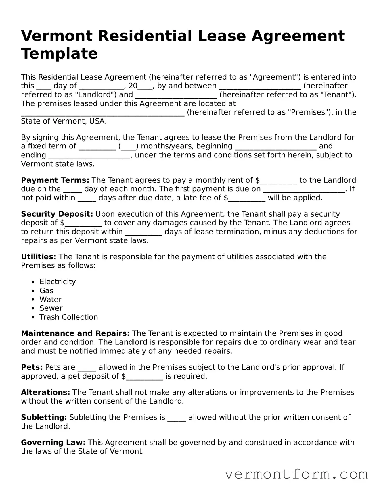Attorney-Verified Vermont Residential Lease Agreement Template