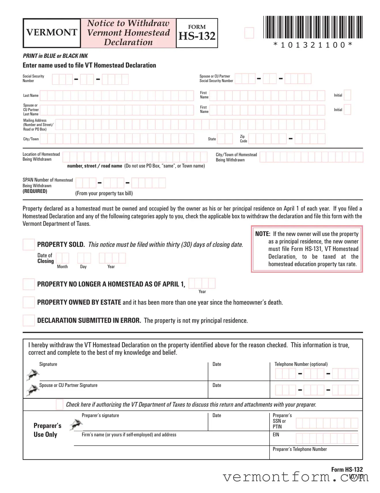 Fill Out a Valid Vermont Hs 132 Form