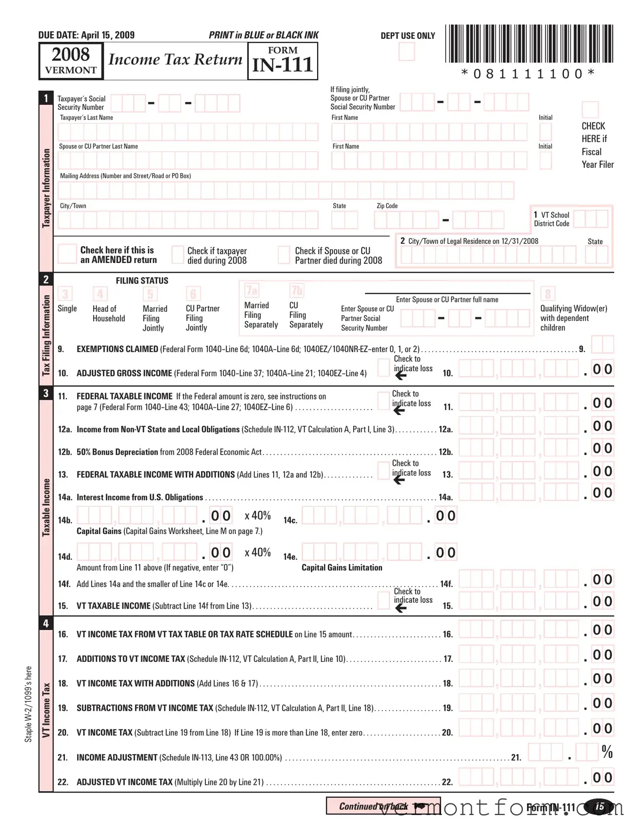 Fill Out a Valid Vermont In 111 Form