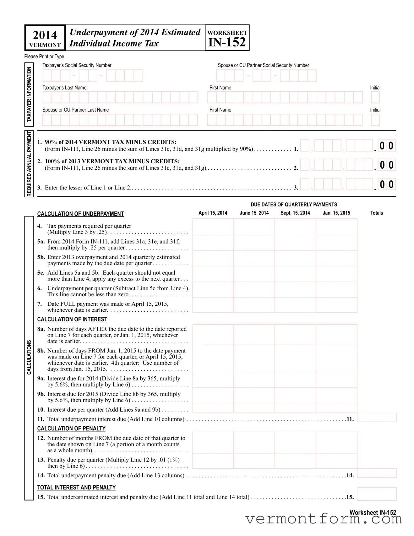 Fill Out a Valid Vermont In 152 Form