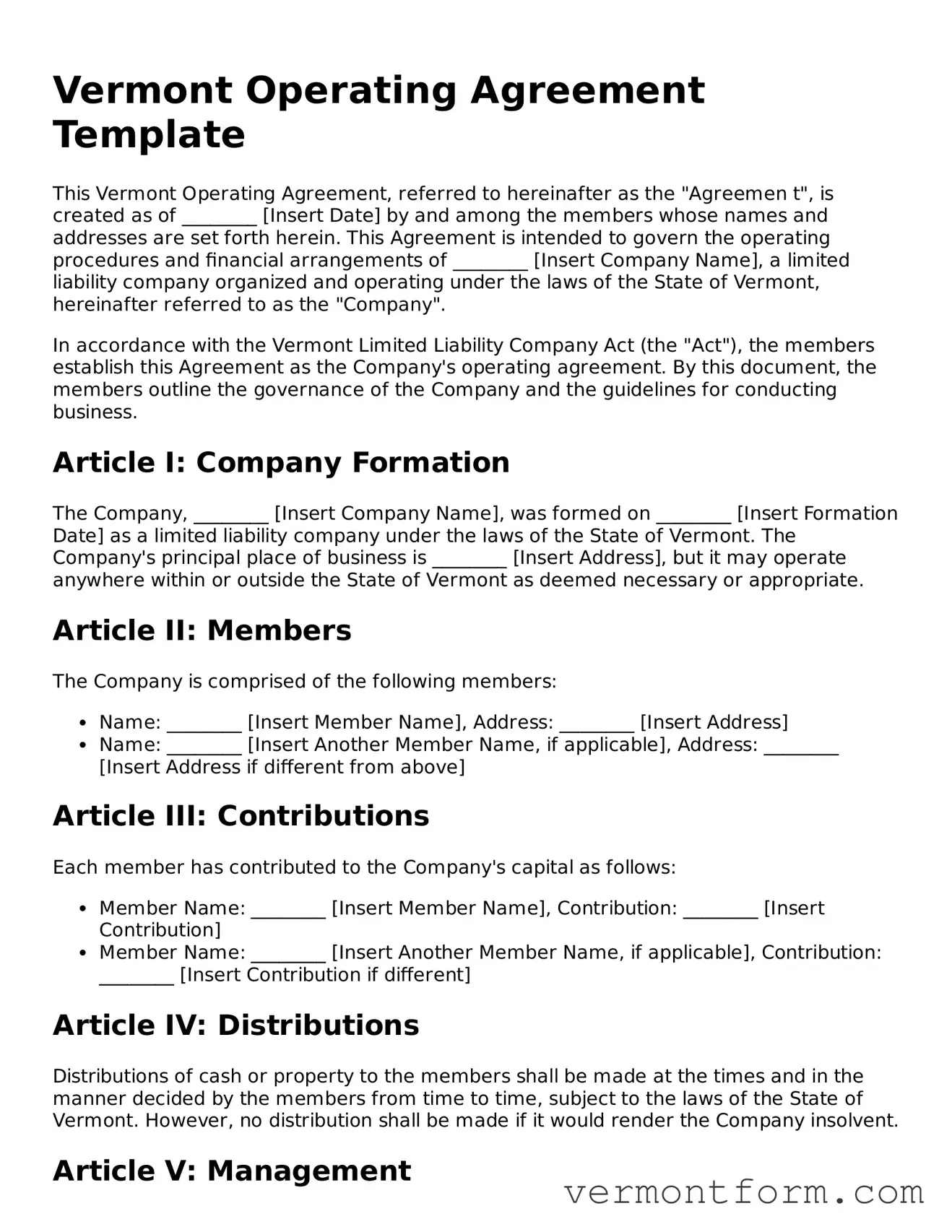 Attorney-Verified Vermont Operating Agreement Template