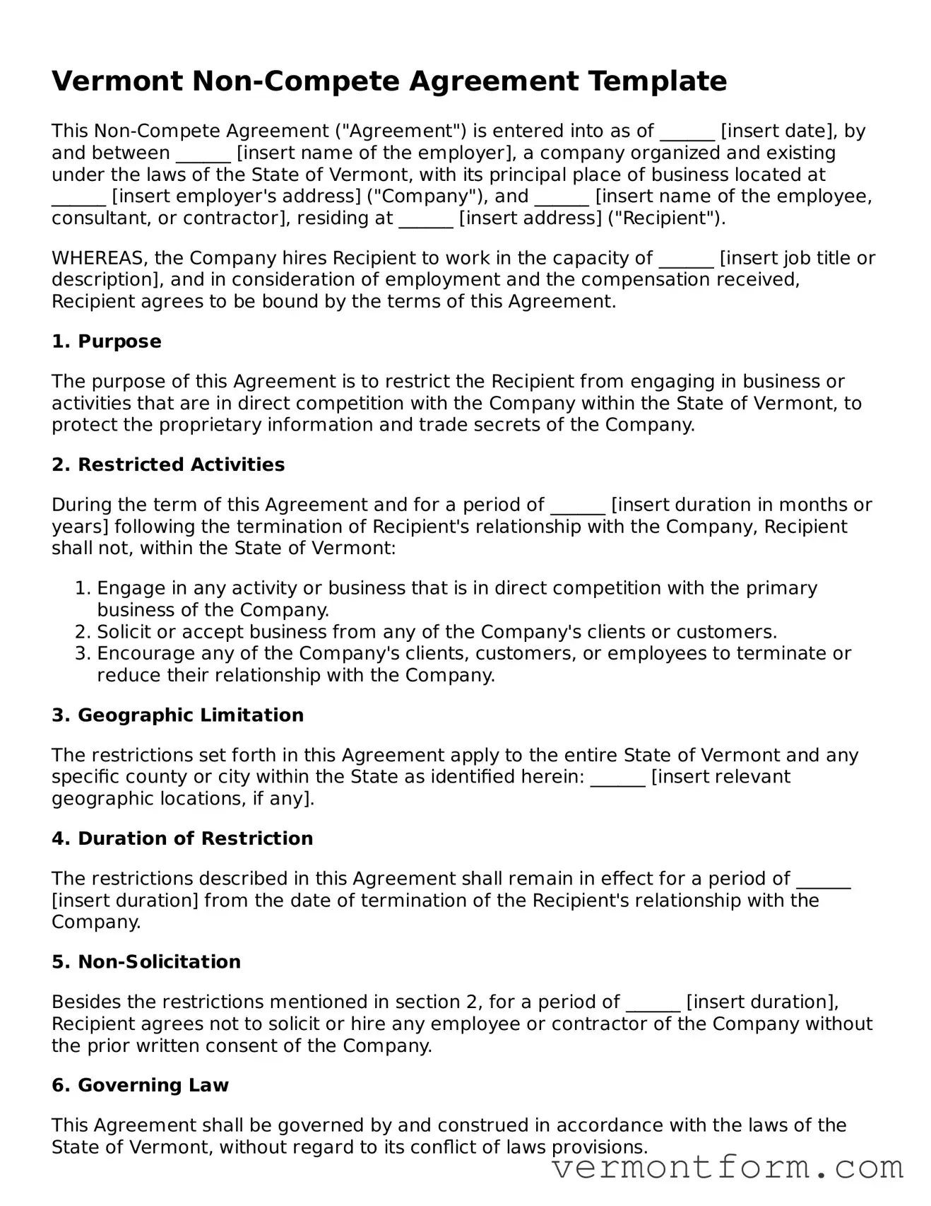 Attorney-Verified Vermont Non-compete Agreement Template