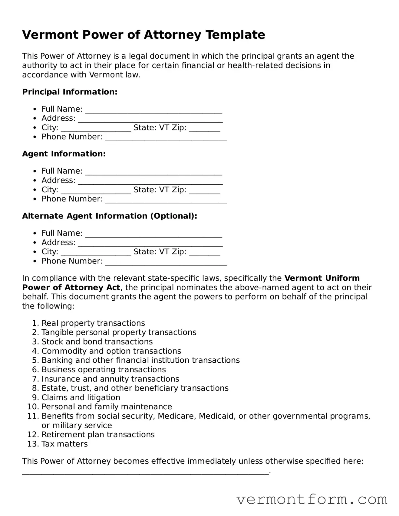 Attorney-Verified Vermont Power of Attorney Template