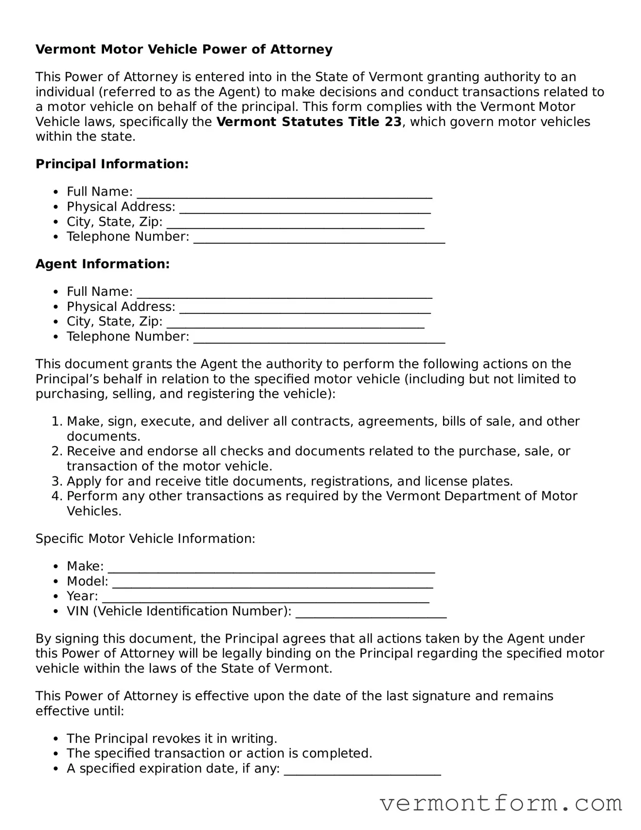 Attorney-Verified Vermont Motor Vehicle Power of Attorney Template
