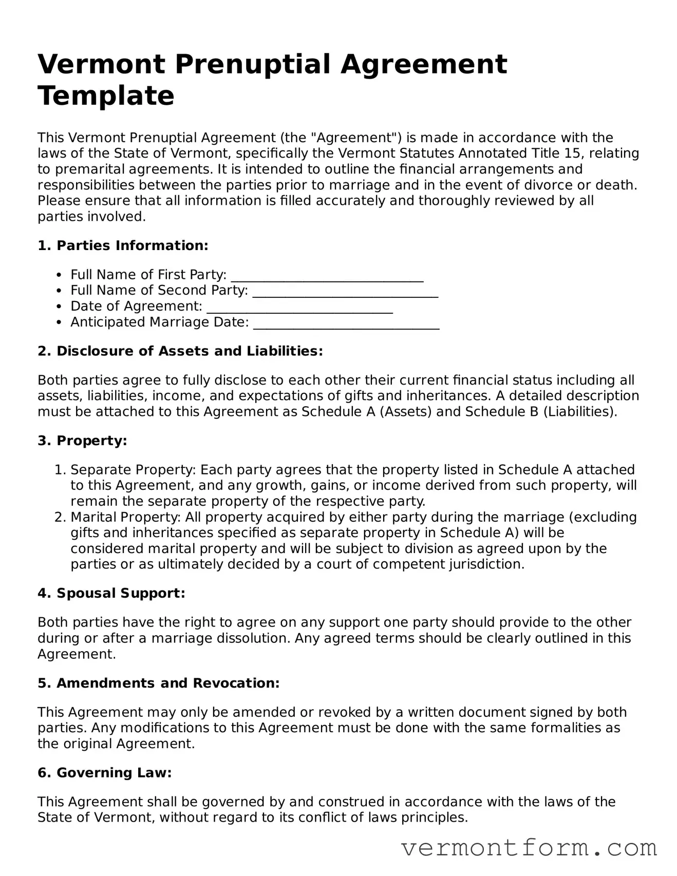 Attorney-Verified Vermont Prenuptial Agreement Template