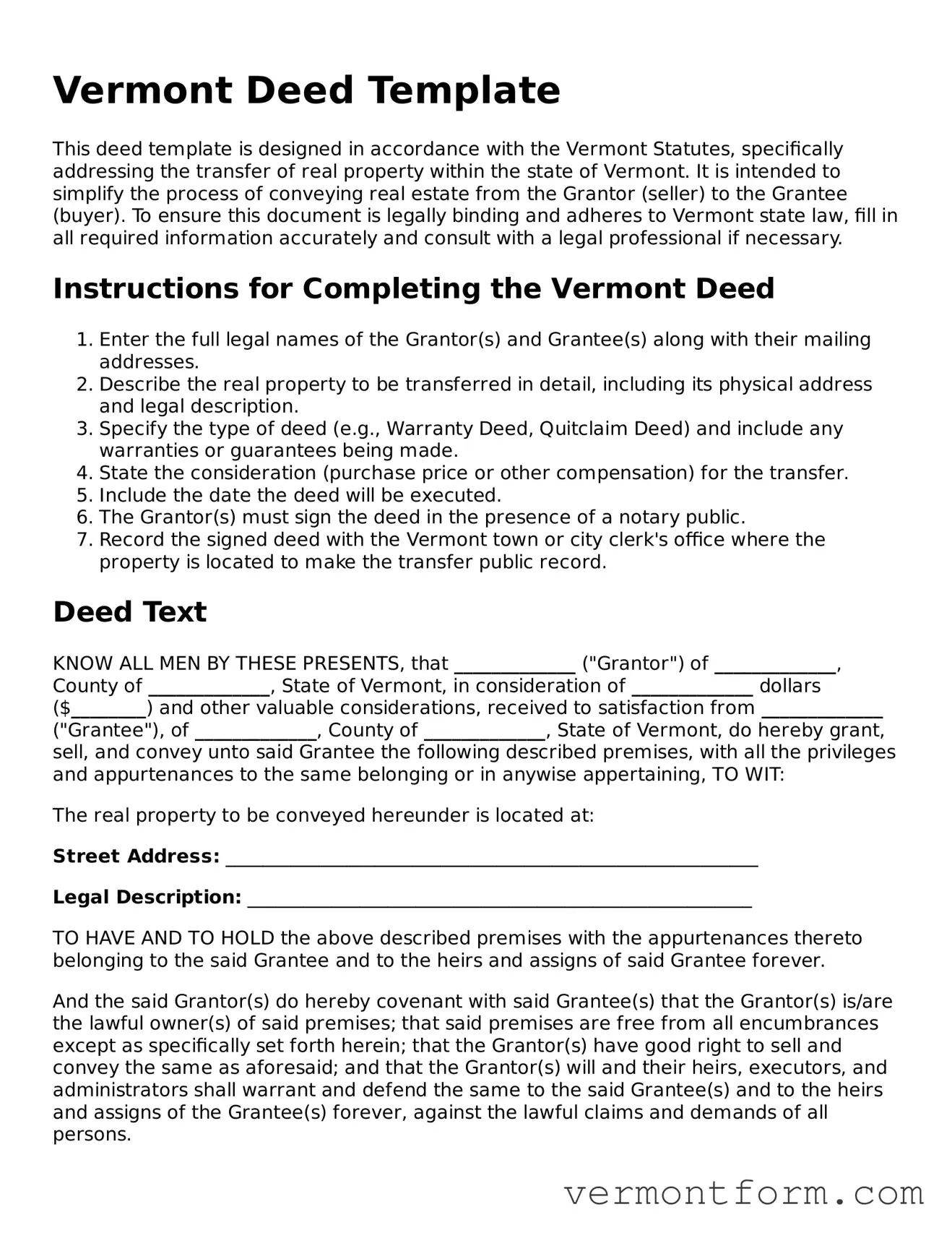 Attorney-Verified Vermont Deed Template