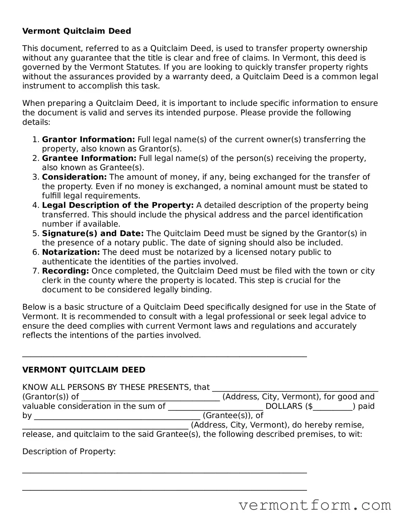 Attorney-Verified Vermont Quitclaim Deed Template