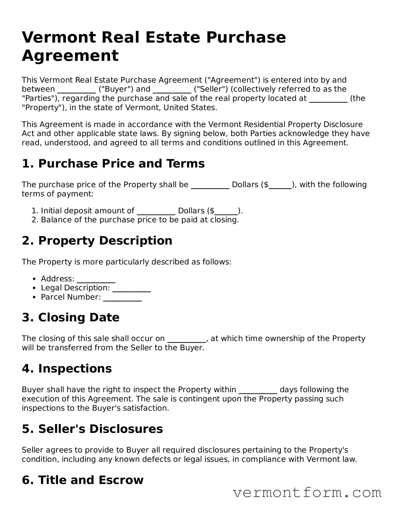 Attorney-Verified Vermont Real Estate Purchase Agreement Template