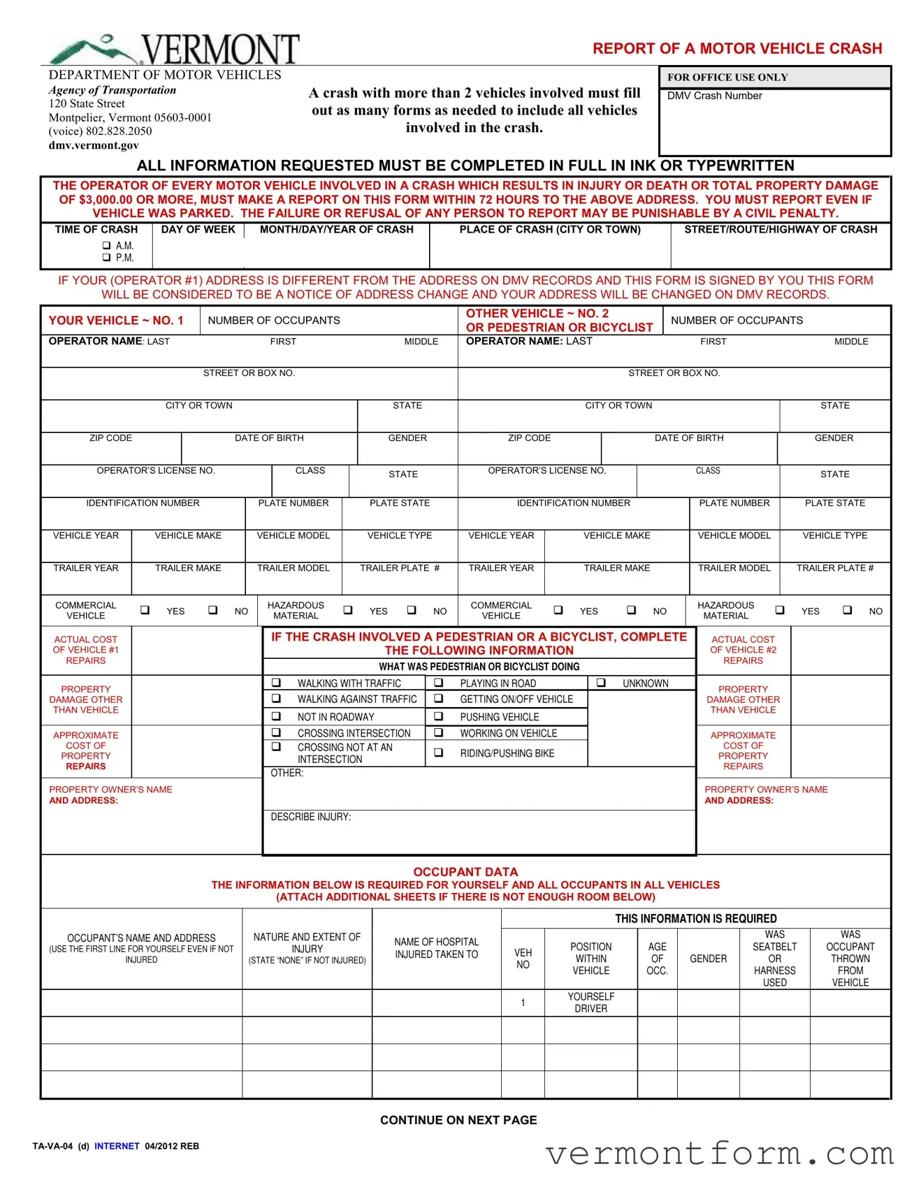 Fill Out a Valid Vermont Report Form