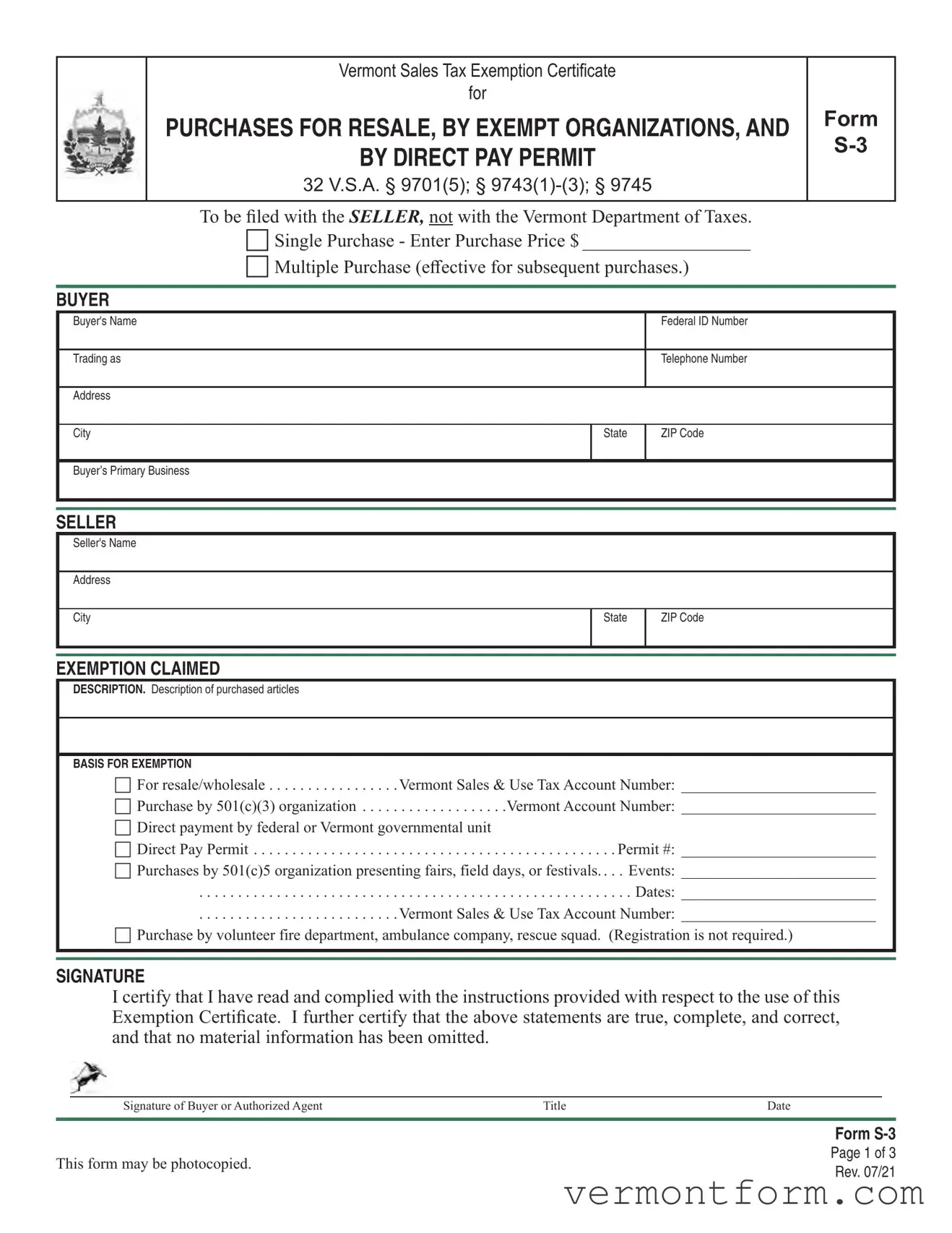 Fill Out a Valid Vermont S 3 Form