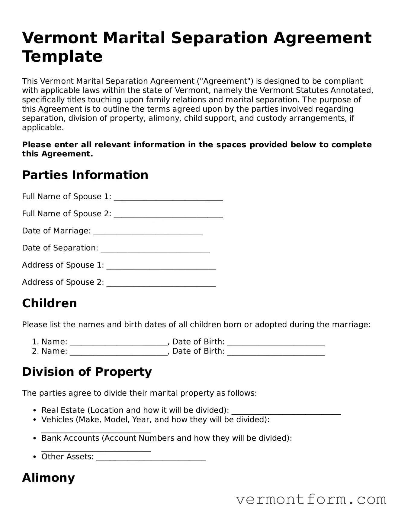 Attorney-Verified Vermont Marital Separation Agreement Template