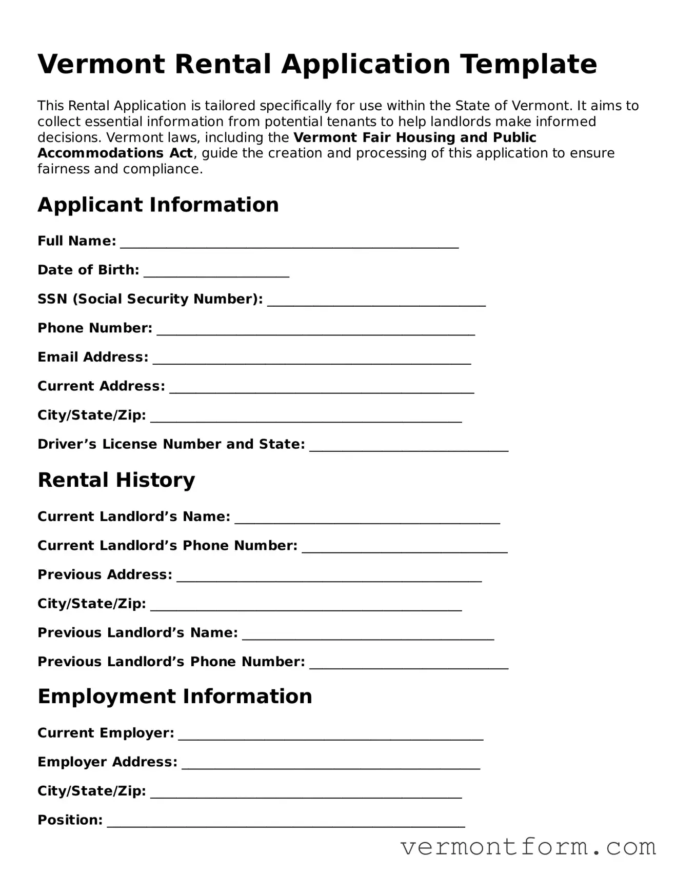 Attorney-Verified Vermont Rental Application Template