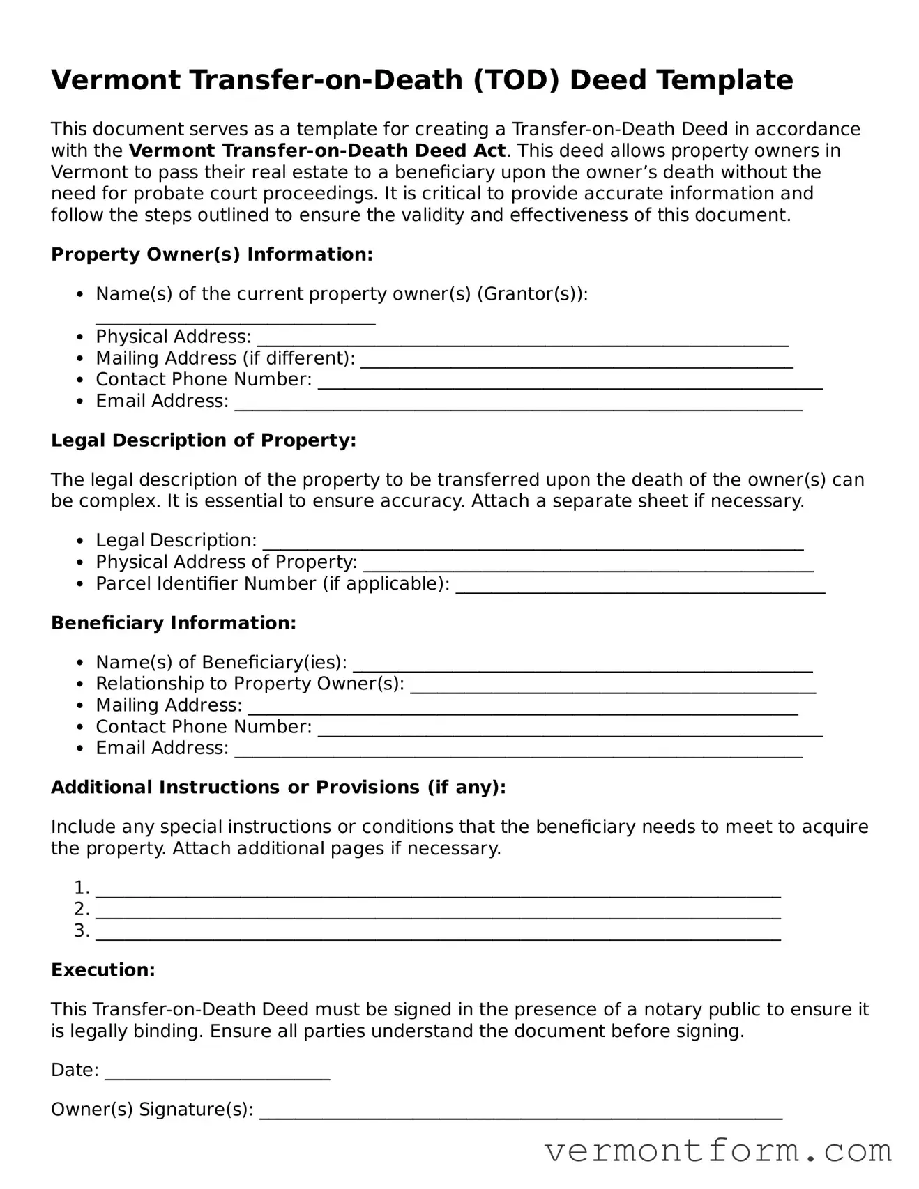 Attorney-Verified Vermont Transfer-on-Death Deed Template