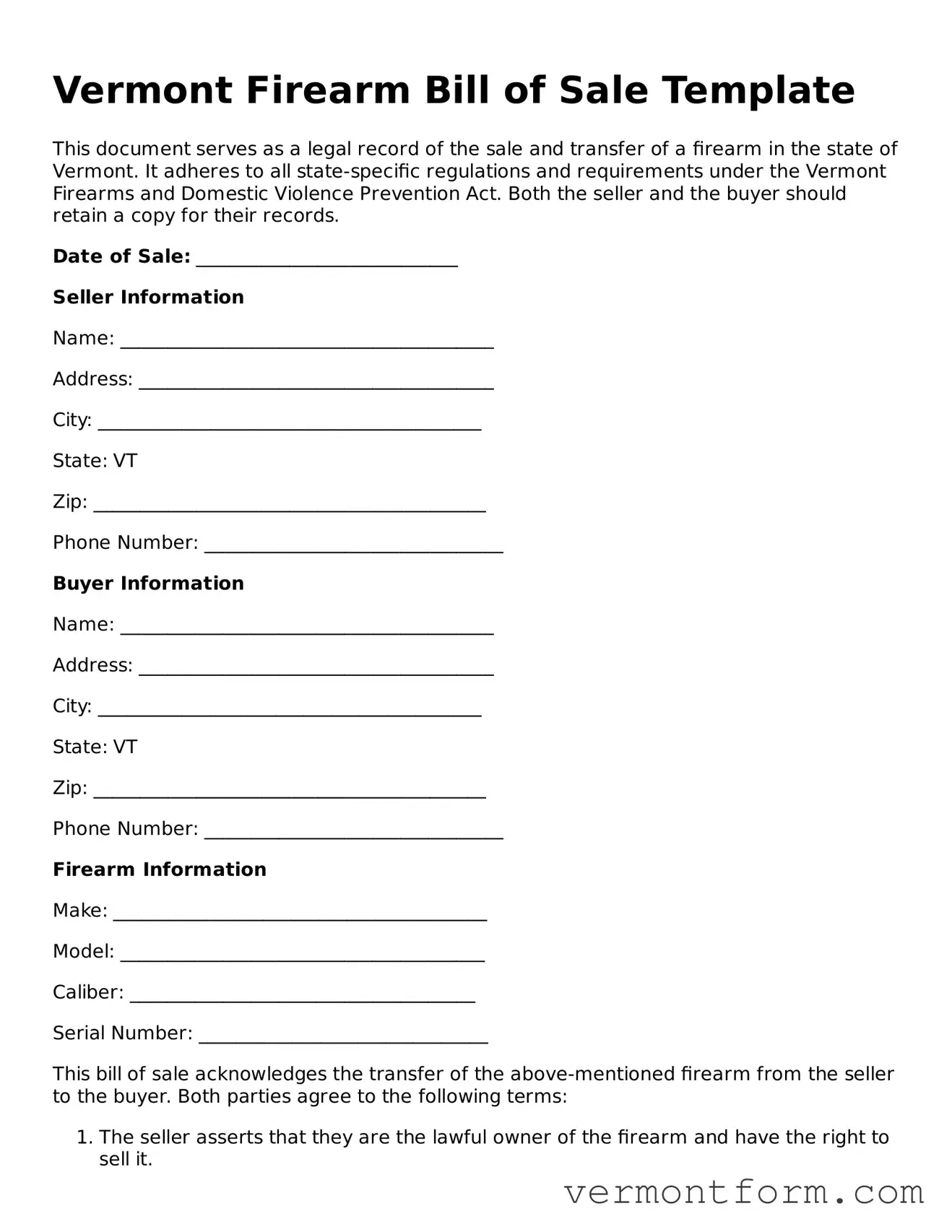 Attorney-Verified Vermont Firearm Bill of Sale Template